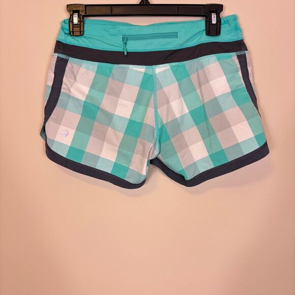Lululemon Bright Teal Blue & Grey Plaid Athletic Speed Up Shorts 4 - Picture 2 of 7